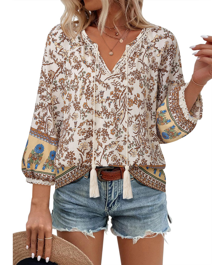 Azelia Bluse til Kvinder Boho – V-udskæring, Blomstret Print & Frontknude, 3/4 Ærmer Flowy