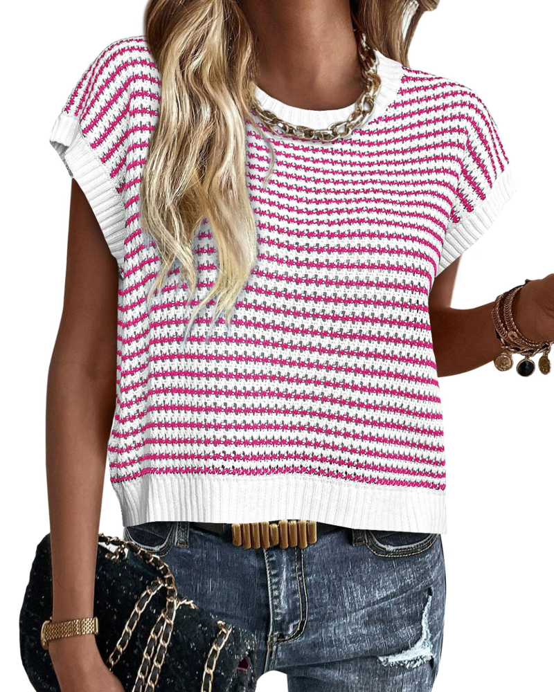 Viora Women's Knit Sweater – Striped Crew Neck, Cap Sleeves & Lightweight Casual Chic Pullover