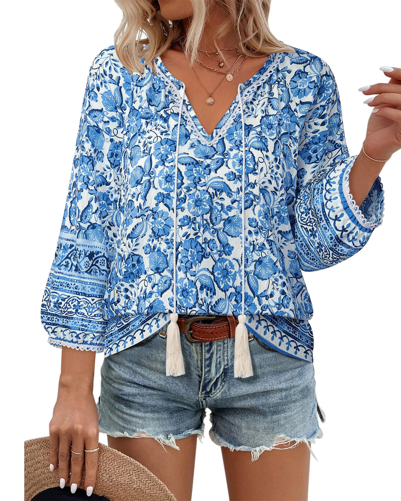 Azelia Bluse til Kvinder Boho – V-udskæring, Blomstret Print & Frontknude, 3/4 Ærmer Flowy