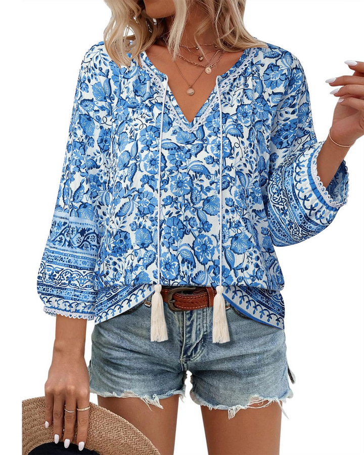 Azelia Bluse til Kvinder Boho – V-udskæring, Blomstret Print & Frontknude, 3/4 Ærmer Flowy