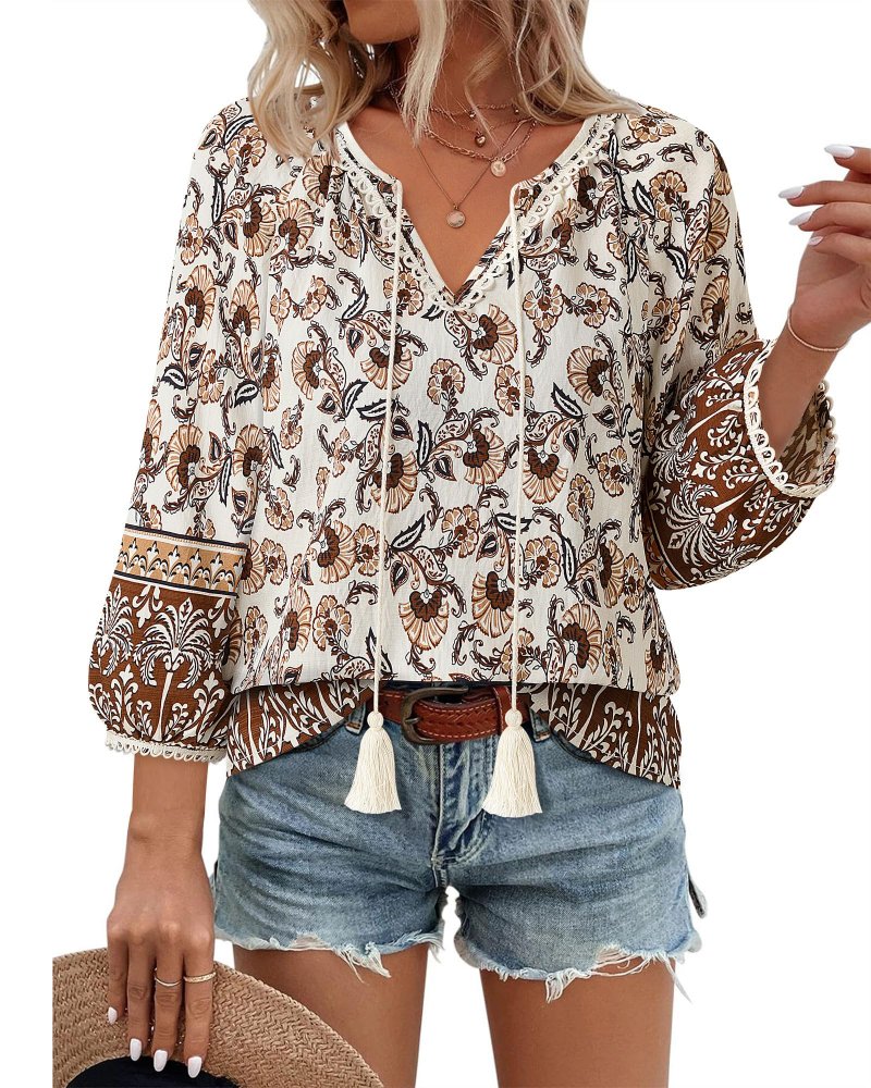 Azelia Bluse til Kvinder Boho – V-udskæring, Blomstret Print & Frontknude, 3/4 Ærmer Flowy