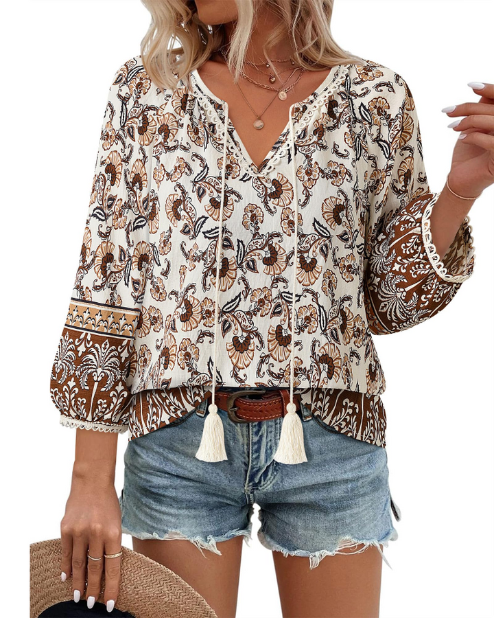Azelia Bluse til Kvinder Boho – V-udskæring, Blomstret Print & Frontknude, 3/4 Ærmer Flowy