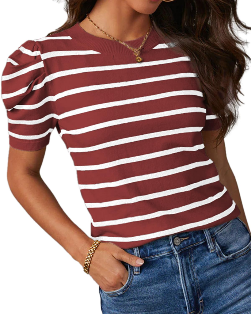 Alvena Top Donna – Ριγέ Γύρος Λαιμού, Φουσκωτά Μανίκια & Πλεκτό Slim Fit Καλοκαιρινό