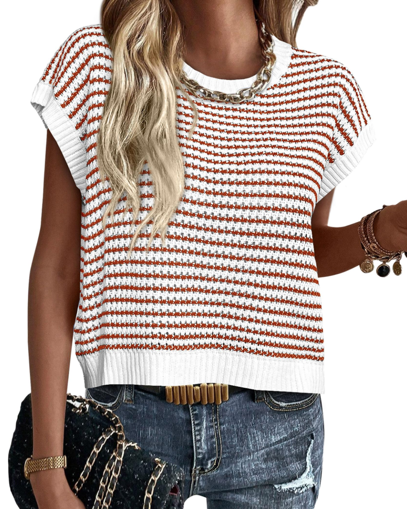 Viora Women's Knit Sweater – Striped Crew Neck, Cap Sleeves & Lightweight Casual Chic Pullover