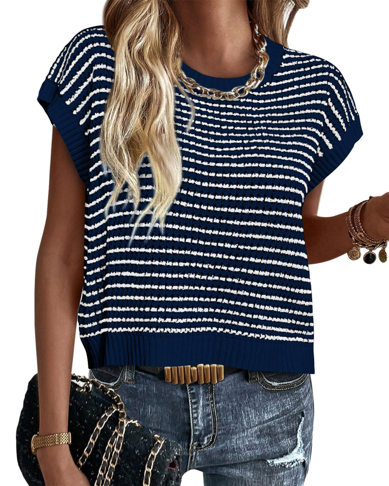 Viora Women's Knit Sweater – Striped Crew Neck, Cap Sleeves & Lightweight Casual Chic Pullover