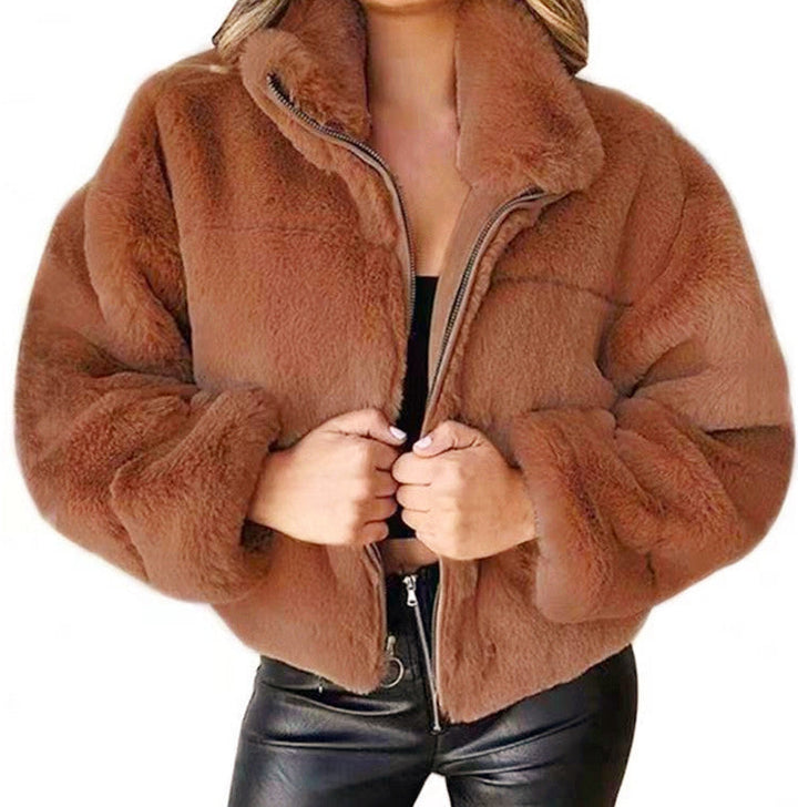 Luna Teddy-Jacke für Damen Kurz – Weiches Kunstfell mit Stehkragen und Reißverschlussverschluss