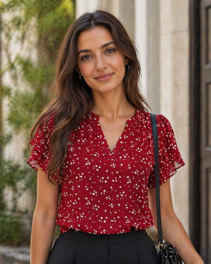 Beverly Elegant Women's Blouse – V-Neck, Petal Sleeves & Double-Layered Chiffon Top
