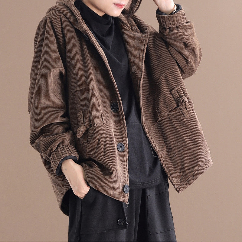 May Jakke Dame i Ribbet Fløyel – Jakke med Hette, Myk Passform og Casual Stil