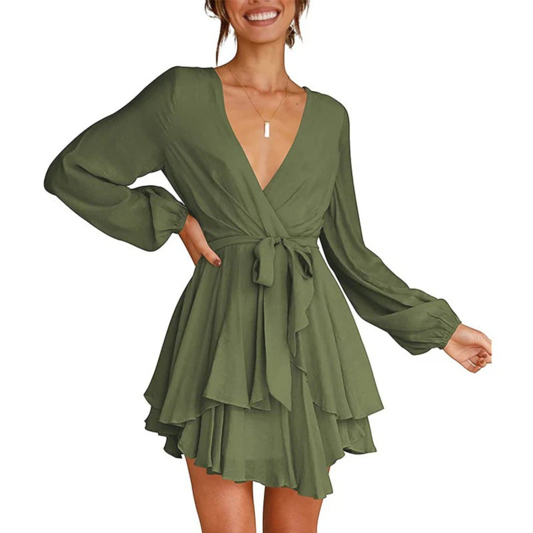 Robe de fête à volants et col en V pour femme | Mini