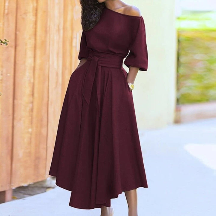Off-Shoulder Dress with Tied Belt for Women | Midi