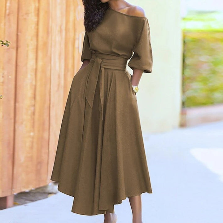Off-Shoulder Dress with Tied Belt for Women | Midi
