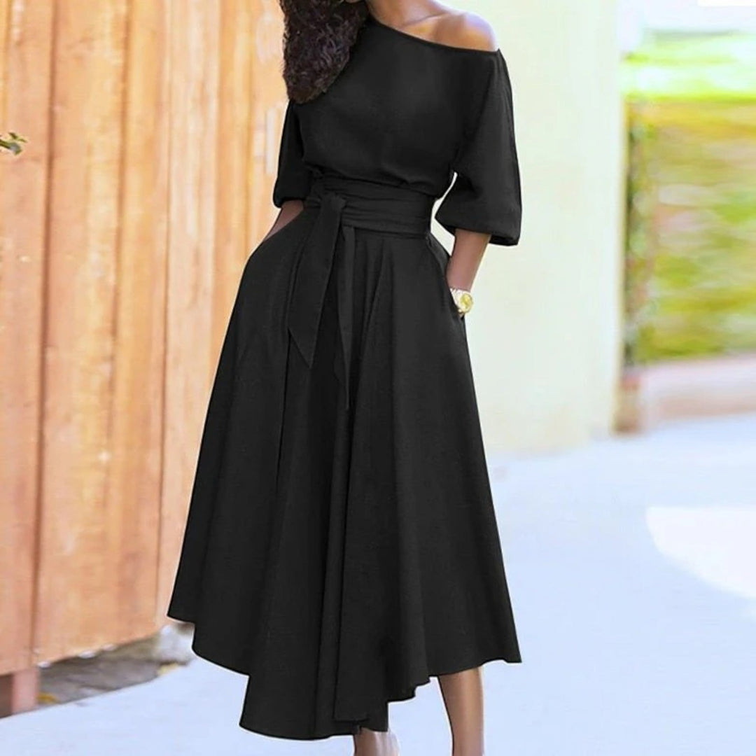 Off-Shoulder Dress with Tied Belt for Women | Midi