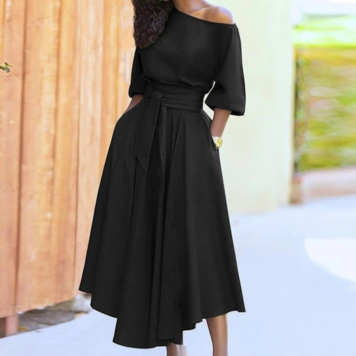 Off-Shoulder Dress with Tied Belt for Women | Midi