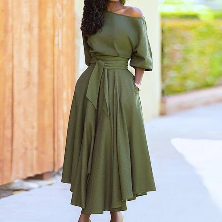 Off-Shoulder Dress with Tied Belt for Women | Midi